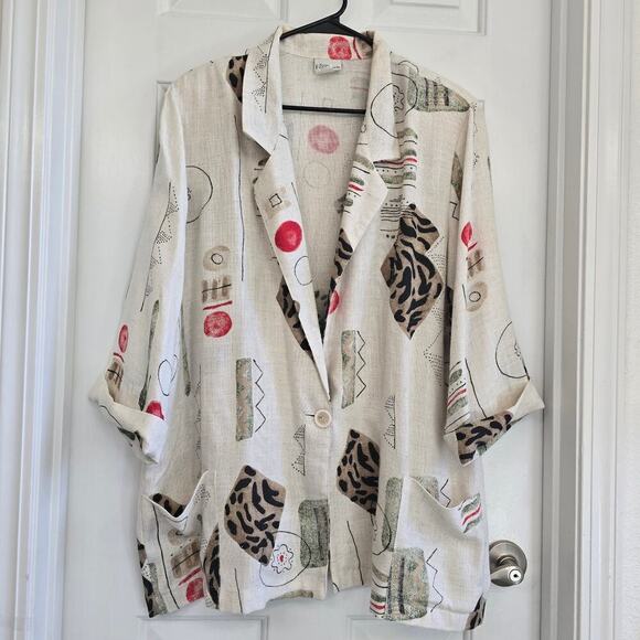 Vintage Modern Essential Cream Brown Abstract Print Flax Blend Blazer Jacket XL - Picture 1 of 8